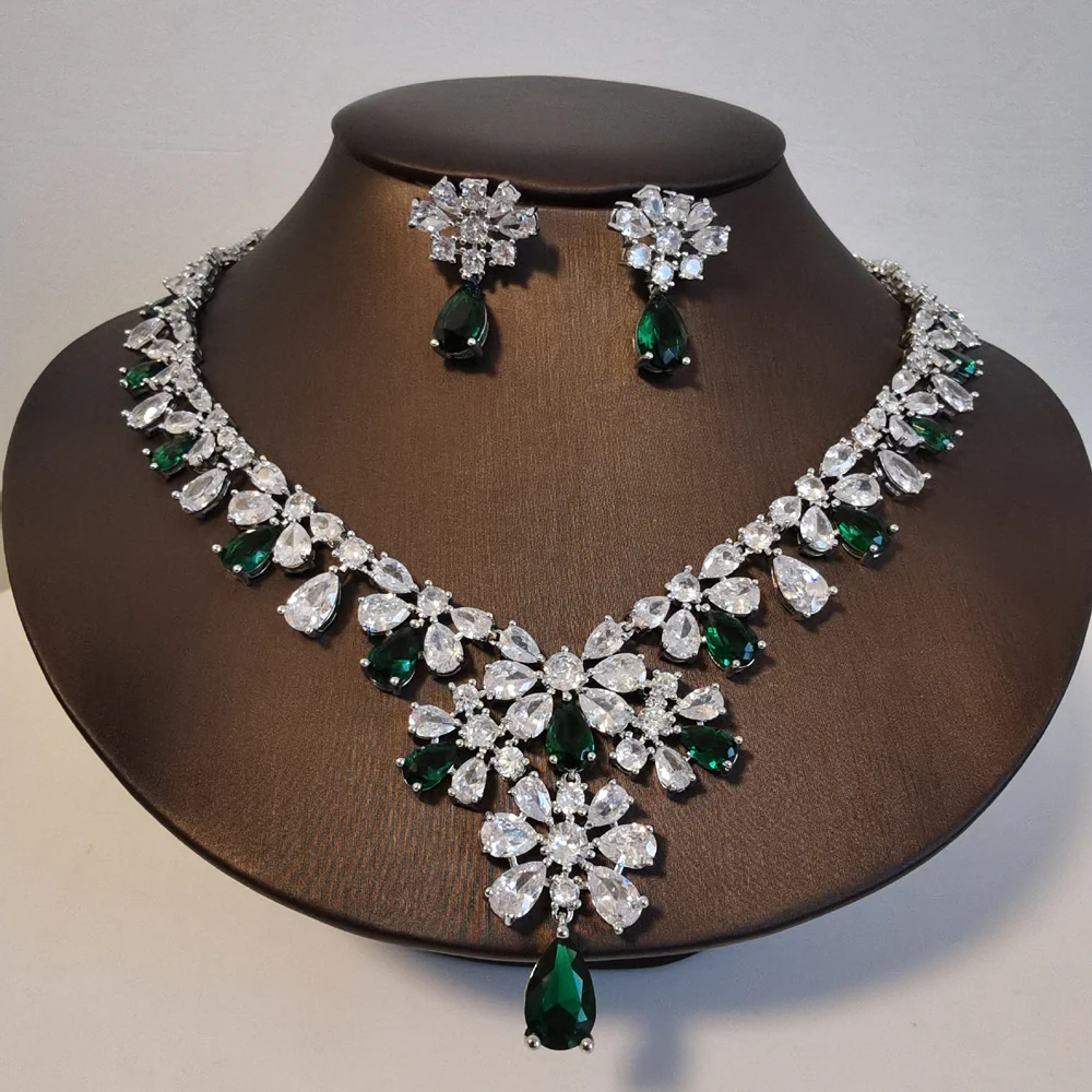 2023 НОВОЕ модное ретро ожерелье с зеленым кубическим цирконием, набор сережек, свадебная вечеринка для невесты, банкетный наряд, юбилейный ювелирный набор