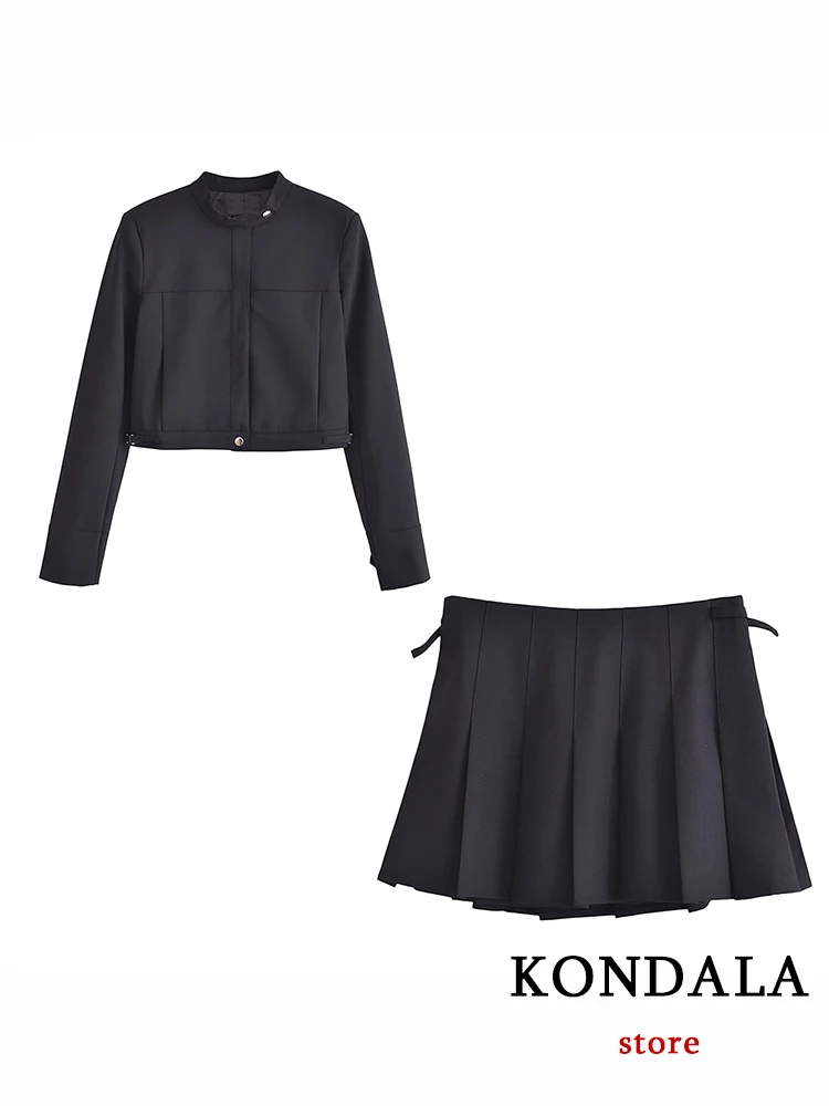 KONDALA Новая шикарная однотонная черная уличная одежда, мода 2023, осенний женский костюм, блузка с длинным рукавом и скрытым бортиком, Мини-плиссированная юбка на молнии.