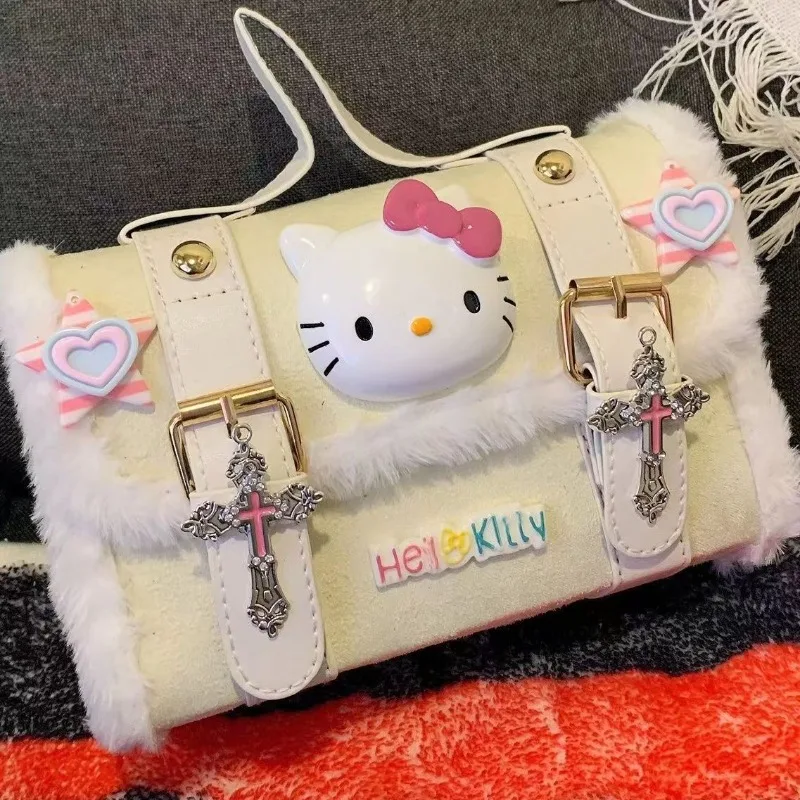 Sanrio Hello Kitty Милая мультяшная плюшевая сумка Изысканная и универсальная розовая сумочка Женская сумка для хранения через плечо большой емкости