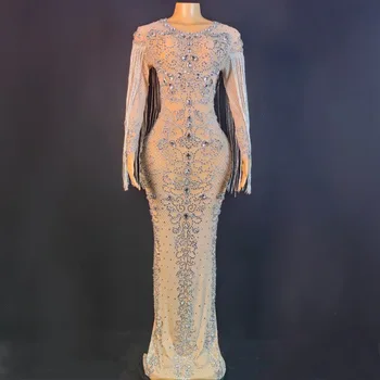 Женское Роскошное Обтягивающее платье с длинными рукавами и эластичной кисточкой из страз, Модное Вечернее платье, костюм для выступления на сцене