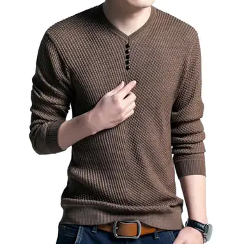 Мужской вязаный пуловер, свитер с V-образным вырезом и длинным рукавом на флисовой подкладке, трикотажный свитер мужской 한국 명품의류