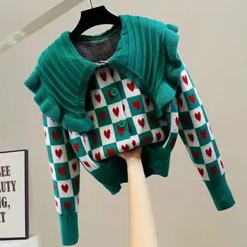 Кардиган-свитер модной контрастной расцветки, милая кукла, большой однорядный свитер для любви, кардиган, свободный дикий свитер с длинным рукавом