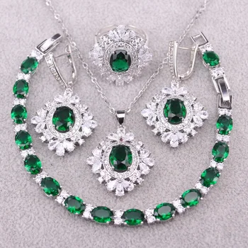Наборы ювелирных изделий из серебра 925 пробы с зеленым кристаллом, бижутерия с камнем, Обручальные кольца с цирконием, Серьги, Кулон, Ожерелье для женщин