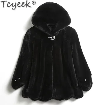 Tcyeek, женская куртка из натурального меха норки, импортная шуба из цельной норки, зимняя женская меховая куртка, черные пальто из натурального меха с капюшоном, женские