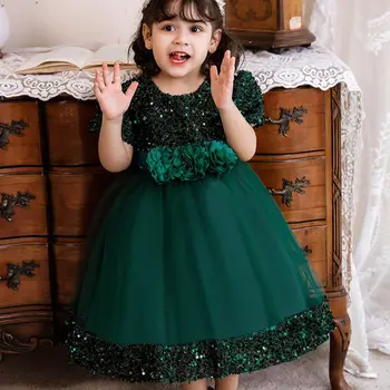 Роскошное платье с пайетками для девочек в цветочек, пышное платье для вечеринки в честь дня рождения для девочек с коротким рукавом, Зеленое платье принцессы для девочек