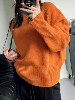 Ленивый Однотонный свитер с круглым вырезом и длинным рукавом, женский Осенне-зимний утолщенный Корейский вариант, Маленький Свободный Короткий вязаный топ 2022 года