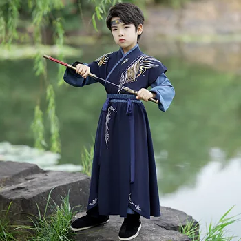 Китайский детский костюм для косплея Hanfu с синей вышивкой для мальчиков, Детский праздничный костюм Hanfu, костюм Тан