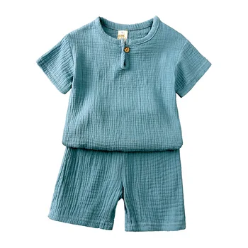 Однотонная хлопковая льняная футболка с коротким рукавом для мальчиков + шорты, комплект из двух предметов, комплекты повседневной модной летней одежды для малышей