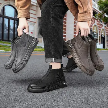 Мужская зимняя черная мужская обувь в британском стиле, рабочая обувь с толстой подошвой в стиле ретро, мужские ботинки с высоким берцем, повседневная обувь