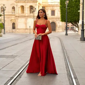 Красное элегантное вечернее платье трапециевидной формы, платья для выпускного вечера в стиле милой девушки на бретельках, атласные платья для вечеринок с открытой спиной длиной до пола