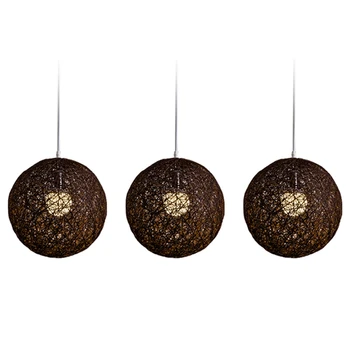 3X Кофейная люстра из бамбука, ротанга и джута С шариками, Индивидуальное творчество, Сферический абажур из ротанга