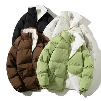 Новая утепленная теплая зимняя куртка, мужские однотонные Свободные зимние пальто, мужские флисовые парки-пуховики с воротником-стойкой, мужская верхняя одежда в стиле харадзюку