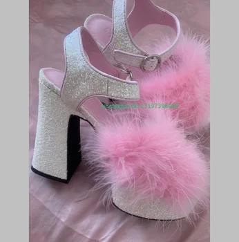 Женские блестки, розовый мех, туфли Мэри Джейнс, розовые элегантные дизайнерские босоножки, открытый носок, массивный каблук, платформа, платье Y2K, размер на высоком каблуке