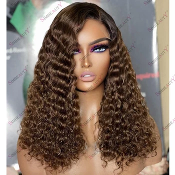 Свободные Глубокие Вьющиеся Омбре Человеческих Волос 360 Кружевных Фронтальных Париков для Чернокожих Женщин Коричневые Бронзовые Выцветшие Бразильские Волосы Remy HD 5x5 Кружевной Парик