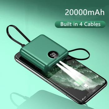 Мини-банк питания емкостью 20000 мАч Портативное зарядное устройство Powerbank для iPhone 14 Xiaomi Samsung Huawei Poverbank Встроенный кабель Запасной аккумулятор
