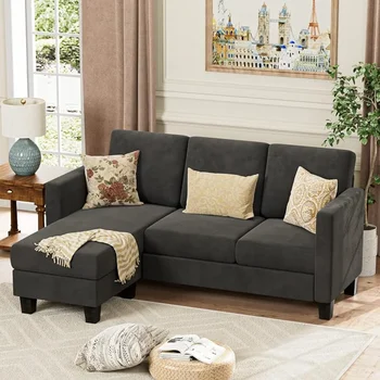 Трансформируемый секционный маленький диван, L-образное сиденье для дивана из современной льняной ткани, для гостиной, 70 дюймов, темно-серый
