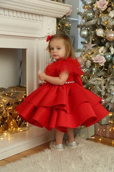 Пышное красное атласное платье для дня рождения для маленьких девочек чайной длины с бантом и перьями, платье для девочек в цветочек для свадеб, Праздничное платье для причастия
