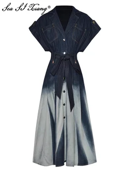 Seasixiang Модное Дизайнерское платье из джинсовой ткани с градиентом ранней осени, женское платье с коротким рукавом и карманами на поясе, Офисное Женское Однобортное платье