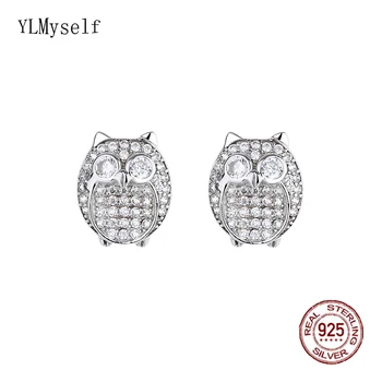 Серьги-гвоздики из настоящего серебра 925 пробы, Сова/Квадратный дизайн, выложенный кубическим цирконием, Милый ювелирный подарок для женщин