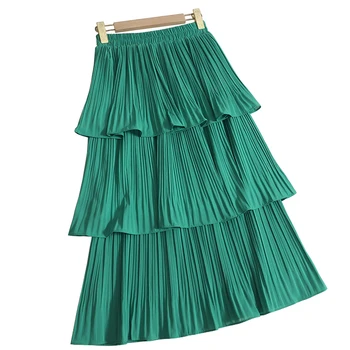 Весенне-летняя новая однотонная юбка для торта с эластичным поясом средней длины, женская плиссированная юбка трапециевидной формы с высокой талией, женская