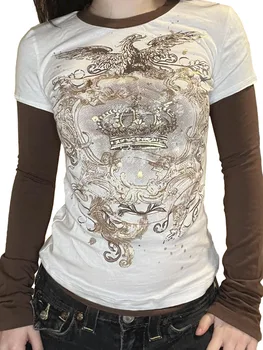 Y2k Fairy Grunge Top, Женские винтажные футболки с длинным рукавом, рубашки в стиле пэчворк с круглым вырезом и принтом, облегающие топы, уличная одежда