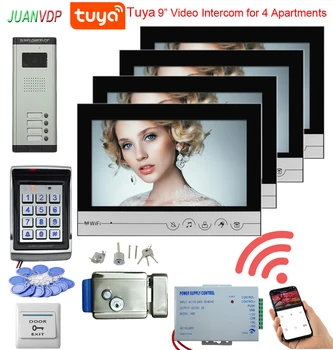 4v4 WiFi 9-дюймовый монитор Проводной видеодомофон Приложение Tuya Дистанционное управление Разблокировка видеодомофона Система дверного звонка для доступа RFID