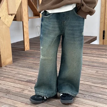 Детские винтажные джинсы в корейском стиле для девочек, осень-зима, новые модные повседневные простые теплые детские джинсы