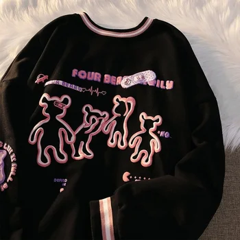 Толстовка с рисунком Каваи, свободный пуловер с круглым вырезом в стиле колледжа, футболка с длинными рукавами и забавным принтом Медведя, новые топы для пары, уличная одежда