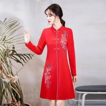Осеннее новое китайское, слегка полноватое, крупное женское ретро-платье с вышивкой, шикарная китайская красная юбка Чонсам, женская одежда
