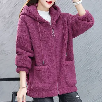 Новый теплый свитер из овечьего флиса для женщин, осень-зима, Новое модное повседневное пальто с капюшоном и длинным рукавом, утолщенное плюшем.