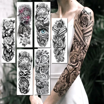 Наклейка с временными татуировками Black Gun Rose Angle Реалистичная поддельная маска для часов Evil Eyes на всю руку, татуировки на больших рукавах для женщин и мужчин
