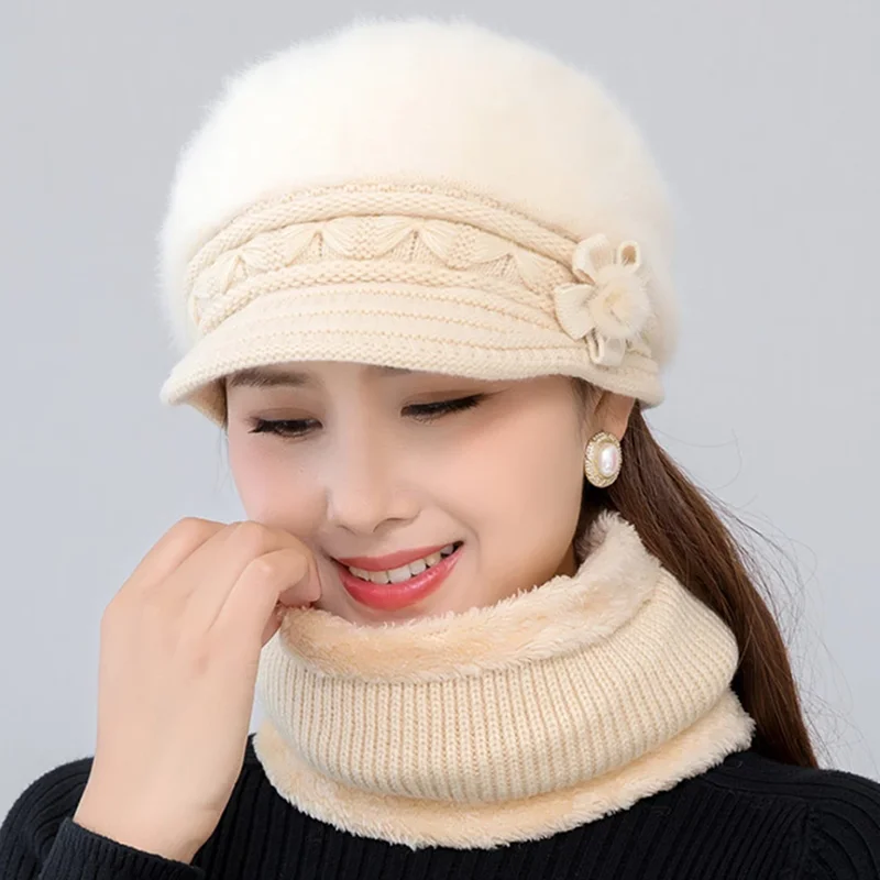 Горячая женская зимняя шапка, сохраняющая тепло, шапка с меховой подкладкой, комплект из шапки и шарфа, теплые шапки для женщин, повседневная зимняя вязаная шапка из кроличьего меха,