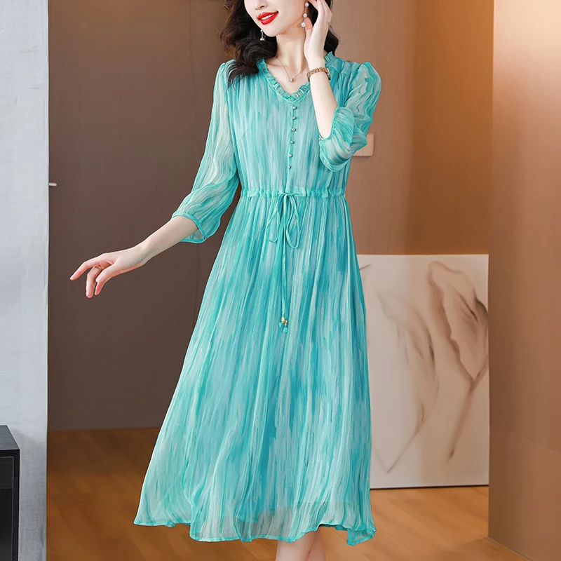 Женские синие шелковые платья с цветочным рисунком для официальных мероприятий Летнее Элегантное Облегающее Вечернее длинное платье 2023 Новое Корейское цельнокроеное платье