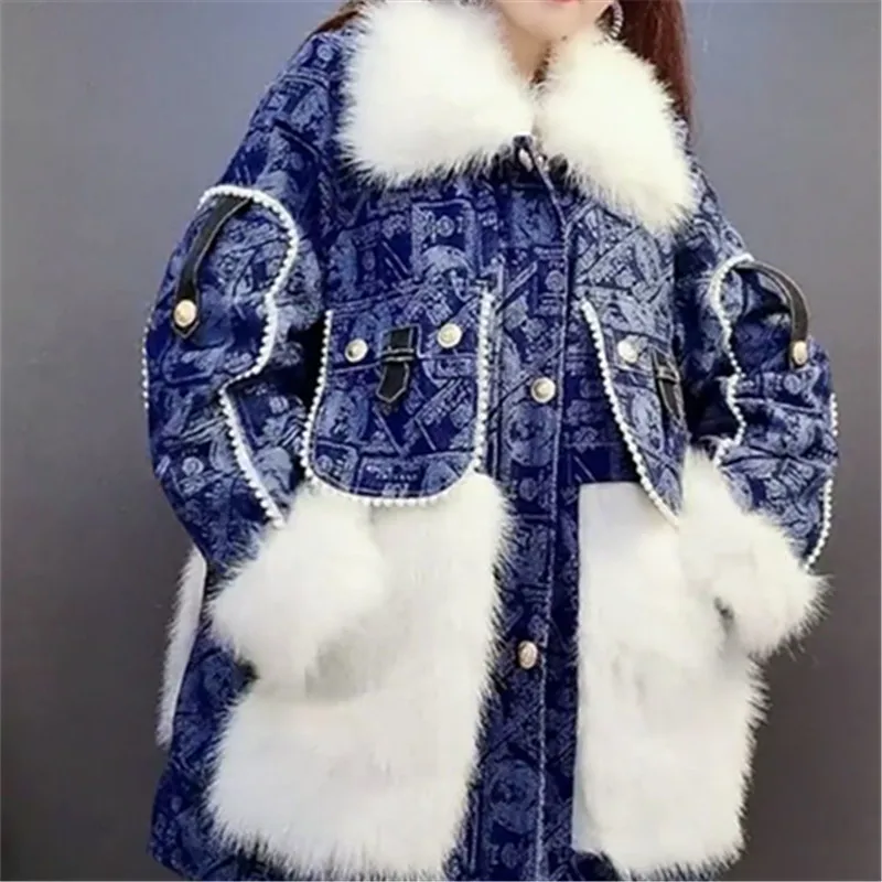 Модные молодежные джинсовые куртки из искусственного меха в стиле пэчворк для женщин 2023, Зимняя парка, свободное Повседневное утепленное женское джинсовое пальто