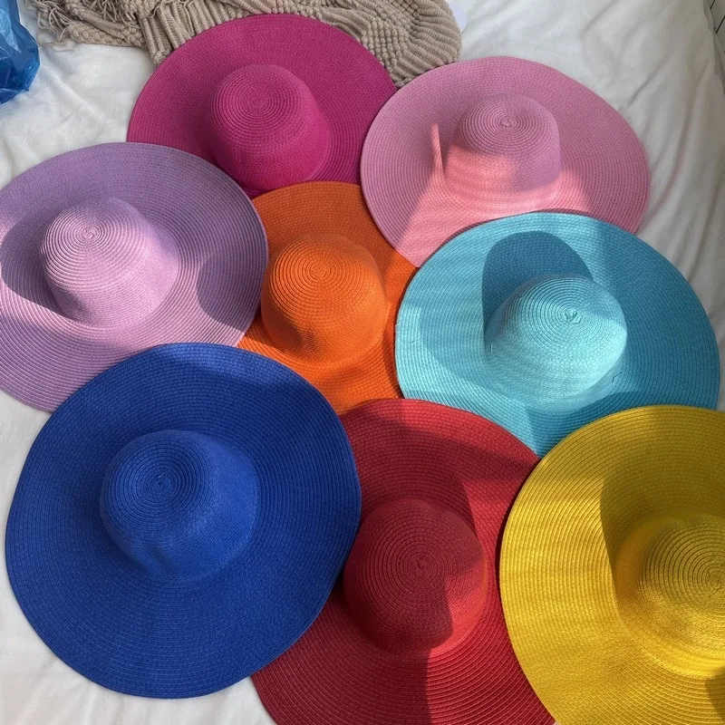Соломенная шляпа 15 см с большими полями Оптом сплошной цвет 2022 новая летняя женская шляпа пляжный отдых солнцезащитная шляпа летняя шляпа для женщины